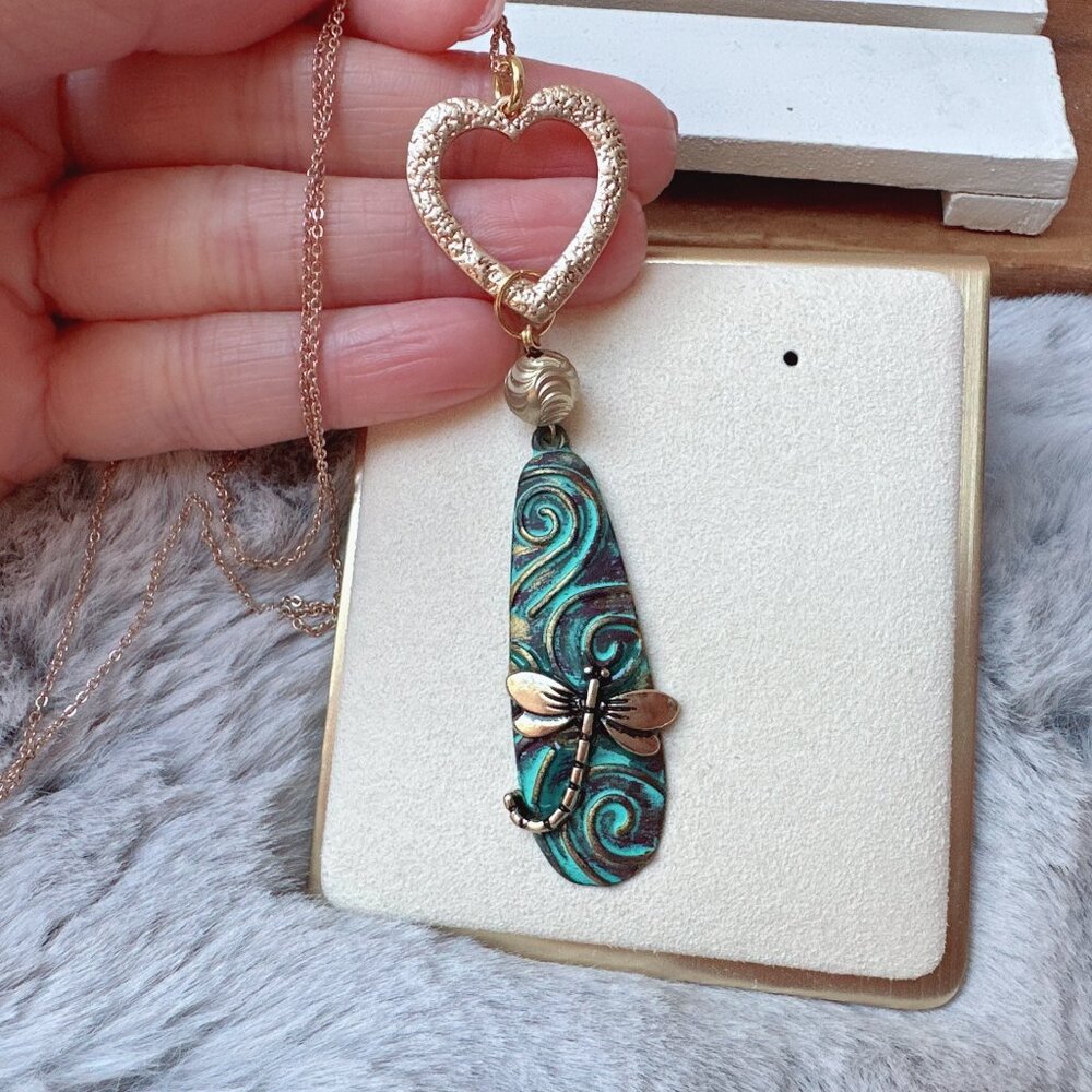 Gold & Patina Dragonfly Heart Pendant Long Necklace
